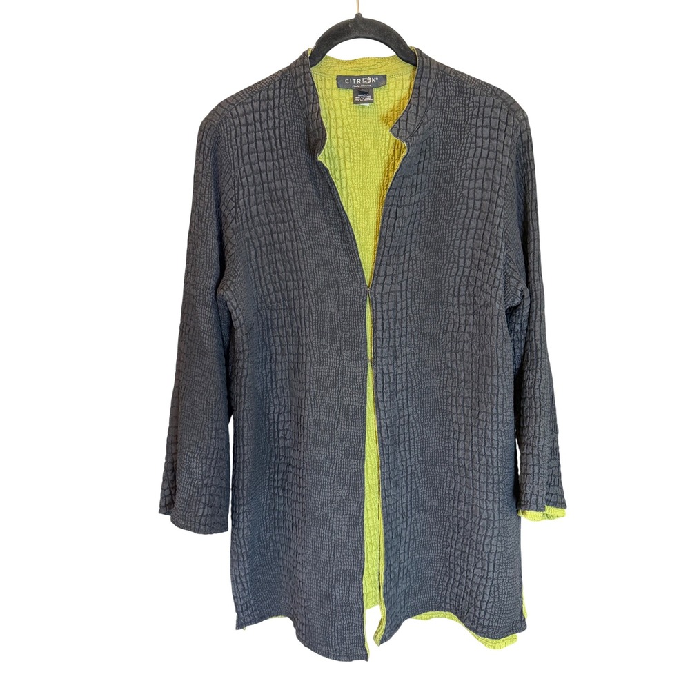 Citron Santa Monica Silk Kimono Jacket Grey Lime Green Crinkle Texture Large